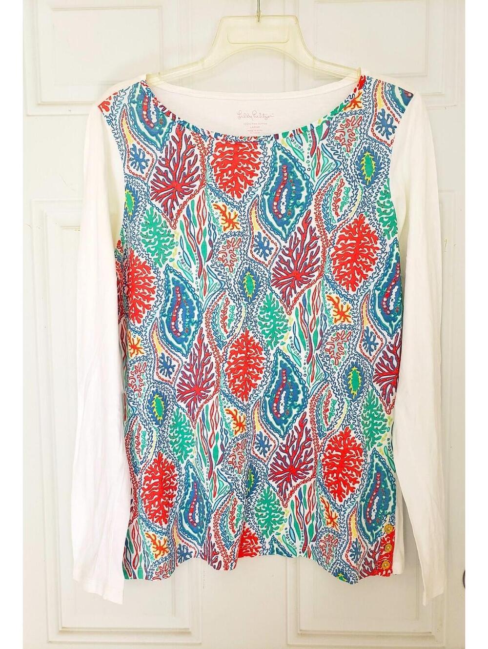Lilly Pulitzer Bailey Let Minnow Long Sleeve Shirt Size L sea summer Top